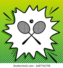 Two tennis racket with ball sign. Black Icon on white popart Splash at green background with white spots. Illustration.