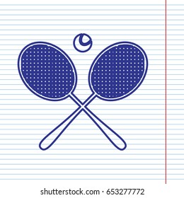 Two tennis racket with ball sign. Vector. Navy line icon on notebook paper as background with red line for field.
