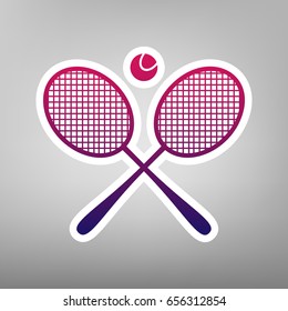 Two tennis racket with ball sign. Vector. Purple gradient icon on white paper at gray background.