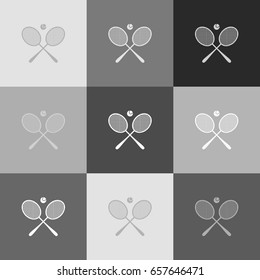 Two tennis racket with ball sign. Vector. Grayscale version of Popart-style icon.