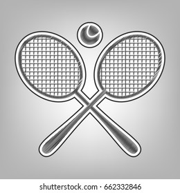 Two tennis racket with ball sign. Vector. Pencil sketch imitation. Dark gray scribble icon with dark gray outer contour at gray background.