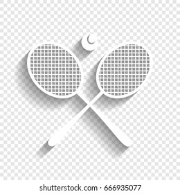 Two tennis racket with ball sign. Vector. White icon with soft shadow on transparent background.