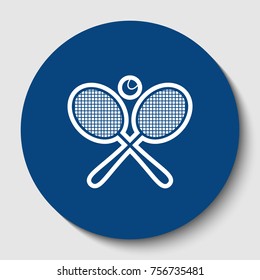 Two tennis racket with ball sign. Vector. White contour icon in dark cerulean circle at white background. Isolated.