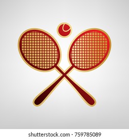 Two tennis racket with ball sign. Vector. Red icon on gold sticker at light gray background.