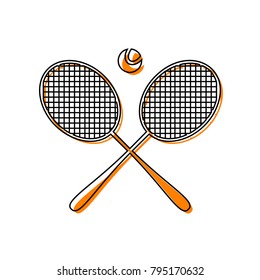 Two tennis racket with ball sign. Vector. Black line icon with shifted flat orange filled icon on white background. Isolated.