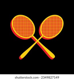 Two tennis racket sign. 3D Extruded Yellow Icon with Red Sides a Black background. Illustration.