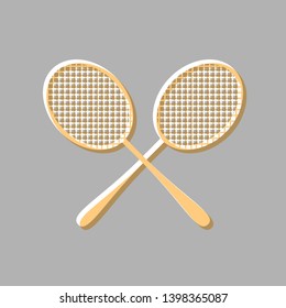 Two tennis racket sign. Emboss effect with light orange icon on gray background.