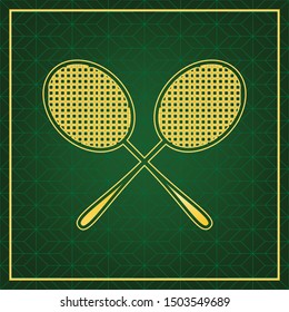 Two tennis racket sign. Golden icon with gold contour at dark green gridded white background. Illustration.