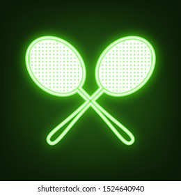 Two tennis racket sign. Green neon icon in the dark. Blurred lightening. Illustration.