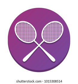 Two tennis racket sign. Vector. White icon with flat shadow on purpureus circle at white background. Isolated.