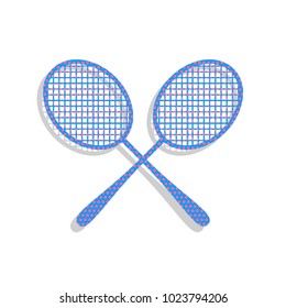 Two tennis racket sign. Vector. Neon blue icon with cyclamen polka dots pattern with light gray shadow on white background. Isolated.