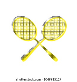 Two tennis racket sign. Vector. Yellow icon with square pattern duplicate at white background. Isolated.