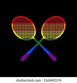 Two tennis racket sign. Vector. Icon with colors of LGBT flag at black background.
