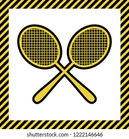 Two tennis racket sign. Vector. Warm yellow icon with black contour in frame named as under construction at white background. Isolated.