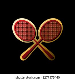 Two tennis racket sign. Vector. Red icon with small black and limitless shadows at golden sticker on black background.