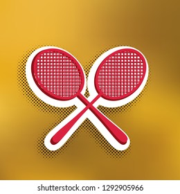 Two tennis racket sign. Vector. Magenta icon with darker shadow, white sticker and black popart shadow on golden background.