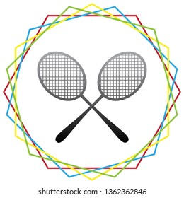 Two tennis racket sign. Vector. Black icon with patch of light inside colorful hexagonal frames at white background.