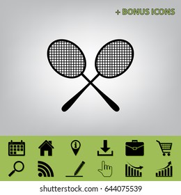 Two tennis racket sign. Vector. Black icon at gray background with bonus icons at celery ones