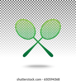 Two tennis racket sign. Vector. Green gradient icon with shadow at bottom on transparent and white background.