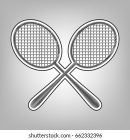 Two tennis racket sign. Vector. Pencil sketch imitation. Dark gray scribble icon with dark gray outer contour at gray background.