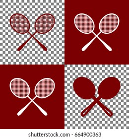 Two tennis racket sign. Vector. Bordo and white icons and line icons on chess board with transparent background.