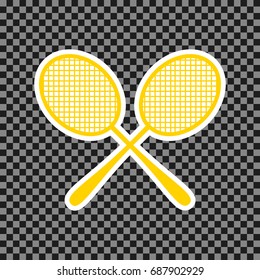 Two tennis racket sign. Vector. Yellow icon with white contour on dark transparent background.