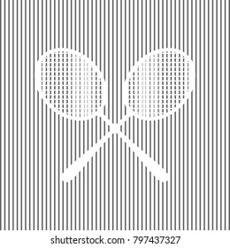 Two tennis racket sign. Vector. White icon on grayish striped background. Optical illusion.