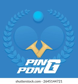 Two tennis rackets and a ball, laurel wreath, champion, blue background. Ping pong tournament poster design, table tennis school decoration, competition