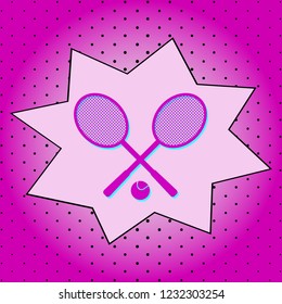Two tennis rackets and a ball. Purple icon pop-art background .Vector.