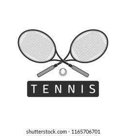 Two Tennis rackets with ball, in simple flat style. Racket for playing tennis icon, isolated on white background. Sports equipment concept. Vector illustration EPS 10.