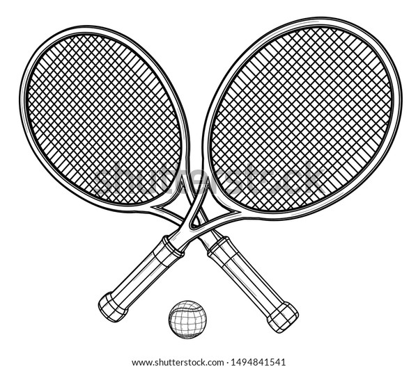 テニスラケット2枚とボール スポーツ用品 白い背景に黒い輪郭イラスト スケッチ のベクター画像素材 ロイヤリティフリー