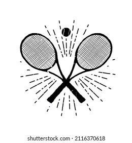 Two tennis rackets and a ball. Tournament emblem design. Vintage vector illustration