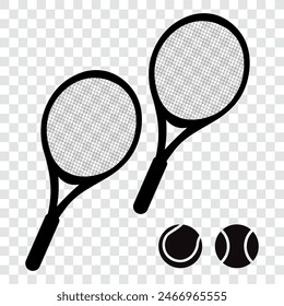 Two tennis rackets and balls, isolated black symbols, vector illustration.