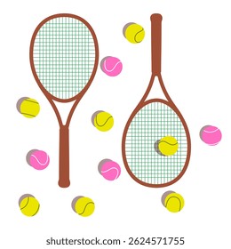 Two tennis rackets and bright yellow, pink balls scattered chaotically on court. Vector isolated illustration for design of sports website, school competitions, certificates, diplomas.