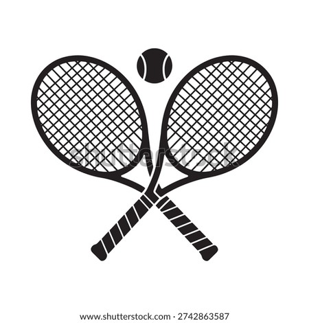 Two tennis rackets crossed with a tennis ball above them