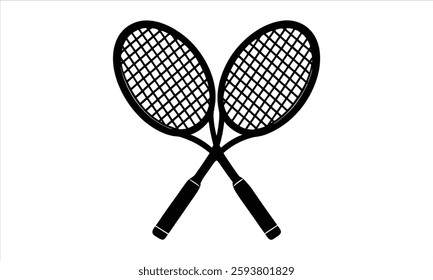 Two tennis rackets crossed on white background.