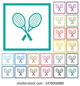 Two tennis rackets flat color icons with quadrant frames on white background