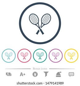 Two tennis rackets flat color icons in round outlines. 6 bonus icons included.