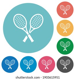 Two tennis rackets flat white icons on round color backgrounds