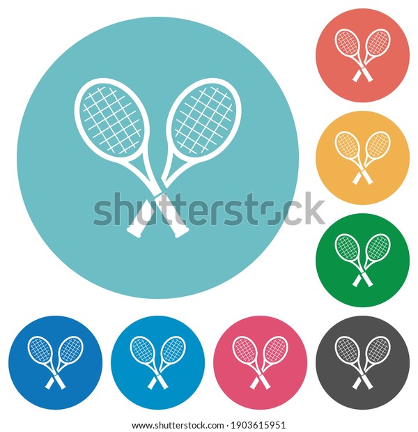 Two tennis rackets flat white icons on round\
color backgrounds
