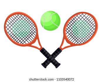 Dos raquetas de tenis con bolas verdes puestas. Iconos de ilustraciones vectoriales de dibujos planos. Aislado sobre fondo blanco. Equipo de tenis para el juego. Equipamientos de tenis, accesorios, raqueta. Logo del club de tenis