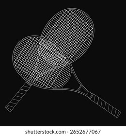 Two tennis rackets rest on a sleek black background, their sharp vector outlines creating a bold contrast. The minimalist composition highlights clean lines and modern aesthetics.