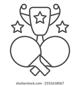 Two tennis rackets, winner cup thin line icon, tennis sport game concept. Vector graphics. Award trophy sign on white background, outline style icon for mobile or web design