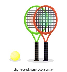 Two tennis rackets with yellow ball. Modern flat cartoons style vector illustration icons. Isolated on white background. Tennis gear for game. Tennis equipments and accessories. Game sport concept. 