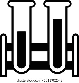 Two test tubes with Black and white liquids in them. The tubes are on a blue stand. The tubes are not connected to each other