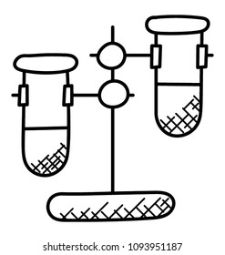 
Two test tubes having liquids on stand 
