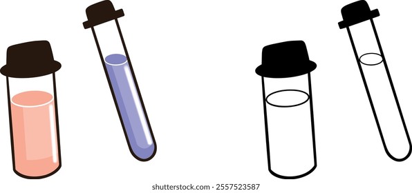 Two test tubes with pink and purple liquid inside and colored lines
