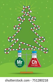 Two test tubes with red and green liquids inside connected by a glass tube that forms the silhouette of a Christmas tree - Vector image