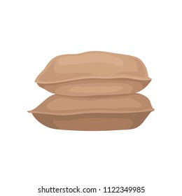 Two textile brown bags. Large burlap sacks with grain or flour. Food storage. Flat vector element for poster or banner