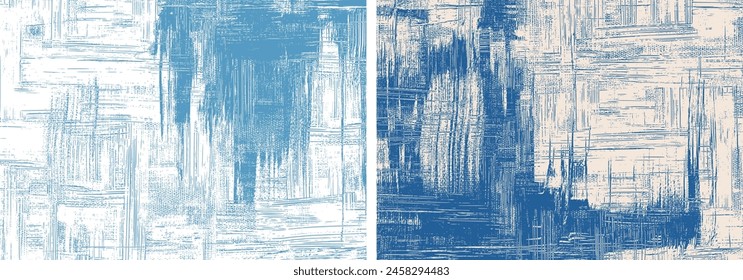 Two texture backgrounds, modern abstract backdrop designs. Rough textured brush strokes painting, vector artworks, blue paint on canvas